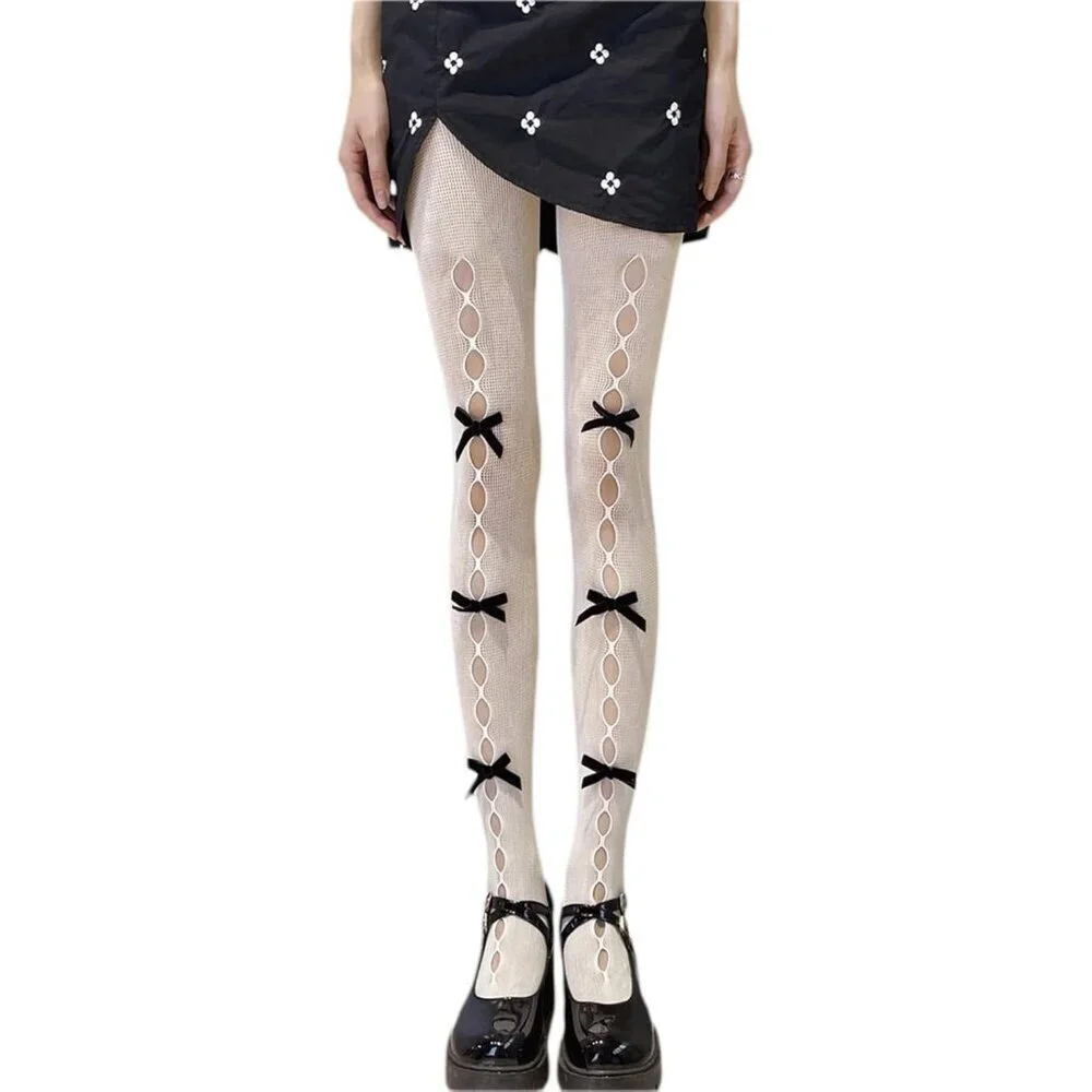 Women Lace Lolita Tights Mesh Bows Goth Stockings Knee High Leggings